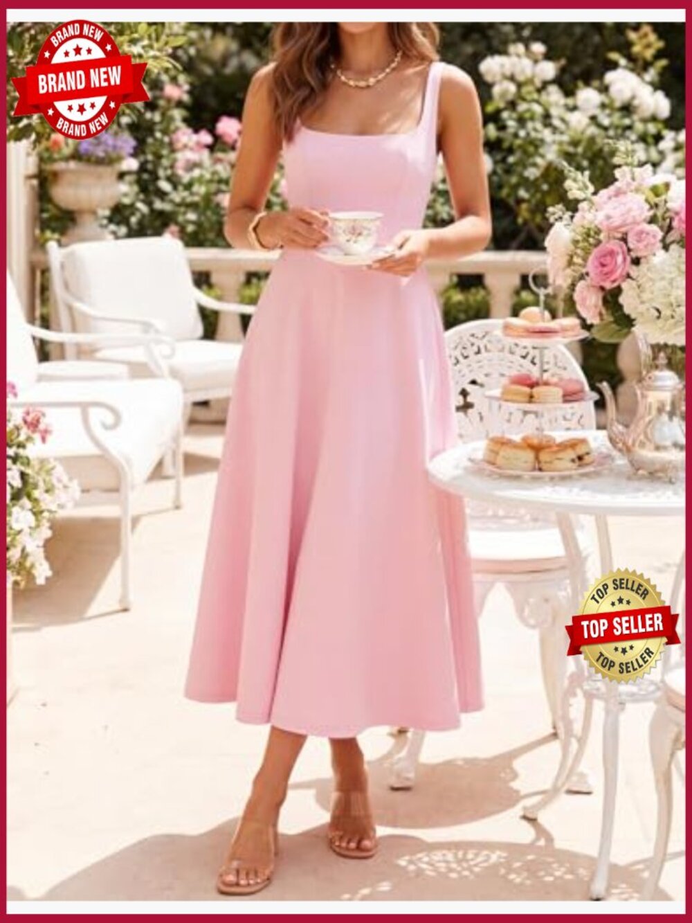 Sleeveless Square Neck Midi Dress with Pockets - Picture 2 of 7